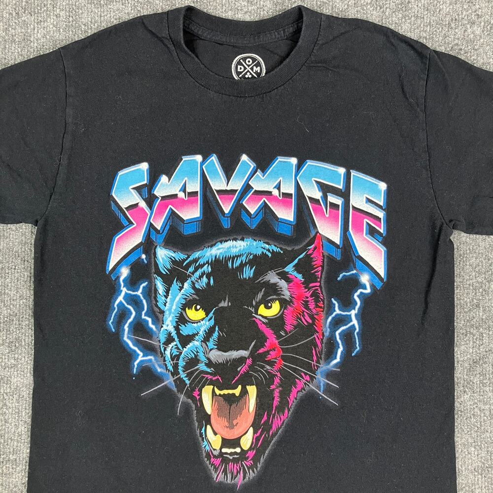 DOM T-Shirt Mens Size S Black Savage Panther Graphic‎ Tee Retro Neon Style